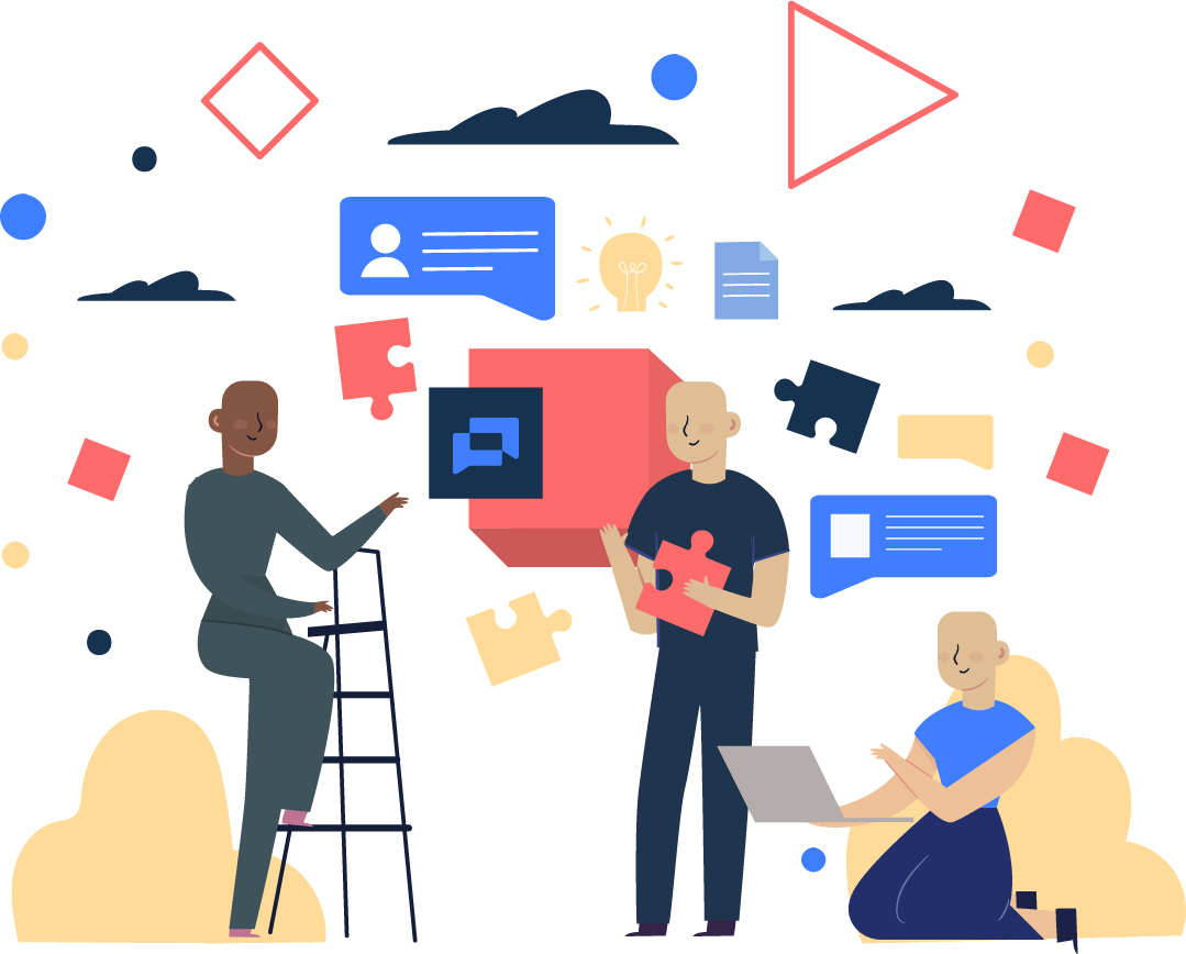 Illustration of a team collaborating, surrounded by puzzle pieces and geometric shapes